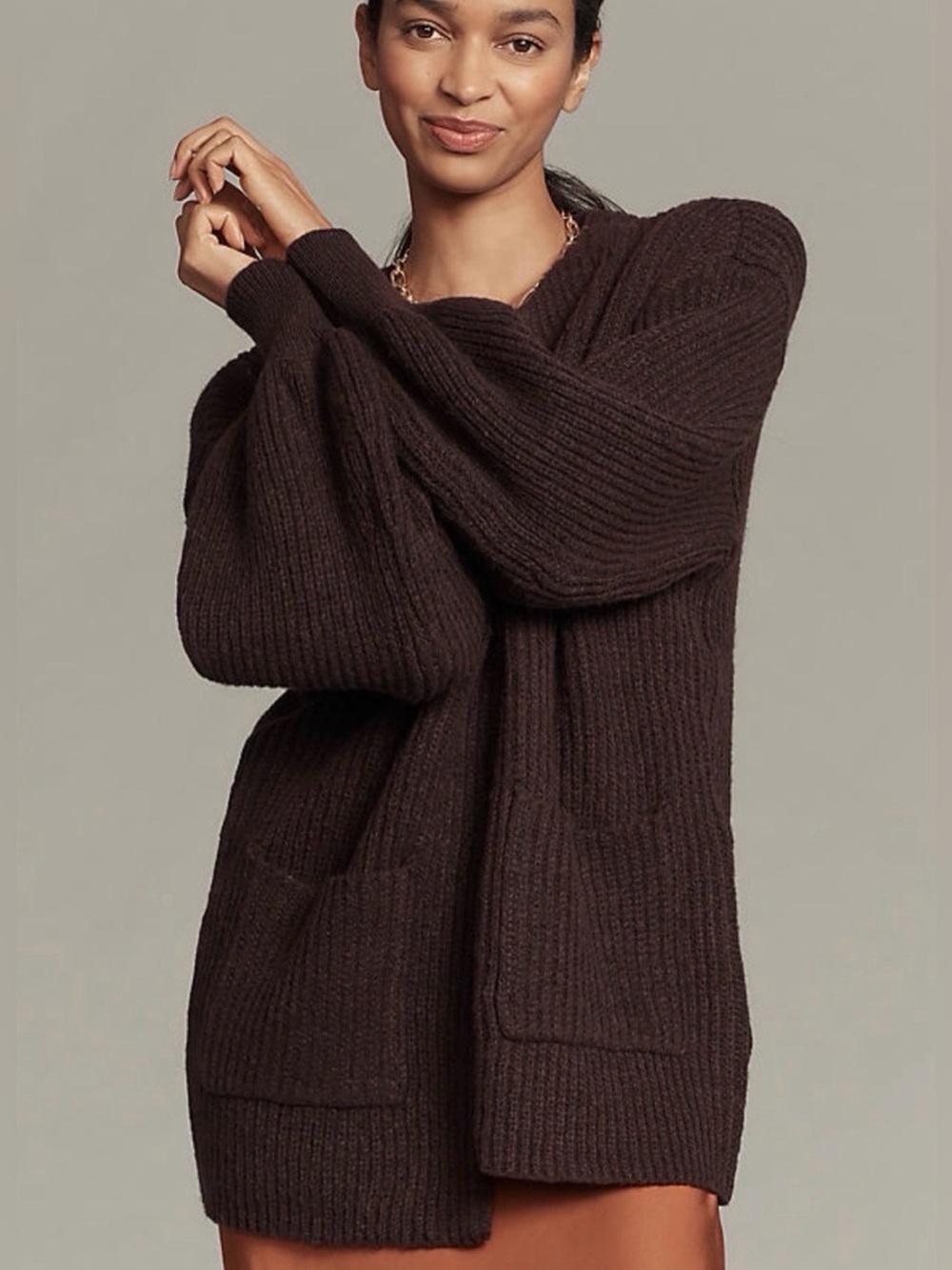 Nwt Relaxed Rib-Knit open front Sweater Cardigan - Dark Brown one size fits all